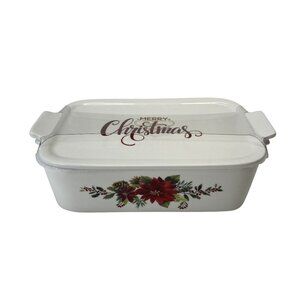 Grace Pantry Elegant Porcelain Christmas Baking Dish w/ Lid Poinsettia Design